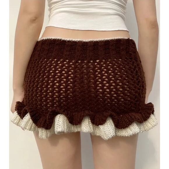 Crochet Y2K vibes low rise knitted skirt ruffle detail brown Size Large Harajuka - Picture 4 of 9